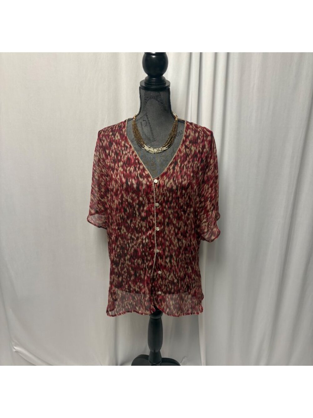 Converse One Star Sheer Button-Down Blouse Womens Large Burgundy Beige V Neck